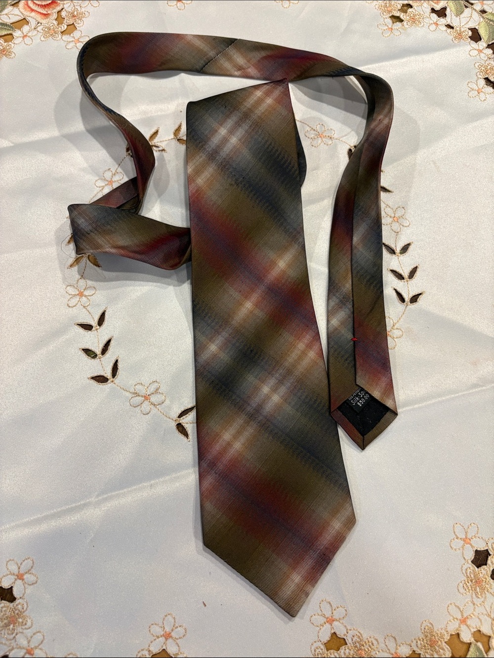 Classic Plaid Silk Tie in Olive Green and Burgundy - Unbranded